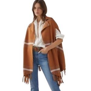 Anthropologie Collared Poncho Cardigan Fringe Brown/Cream One Size Armholes Cape
